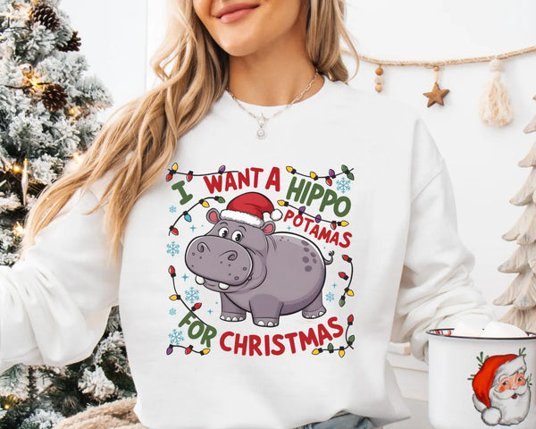 I Want A Hippopotamus For Christmas Sweatshirt, Hippo Christmas Lights Sweater, Christmas Hippopotamus Sweater, Cute Christmas Sweatshirt