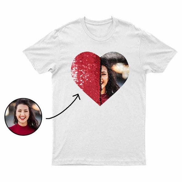 Personalized T-shirt Heart Shaped Sequin with Custom Photo Design Creative Gift for Couples