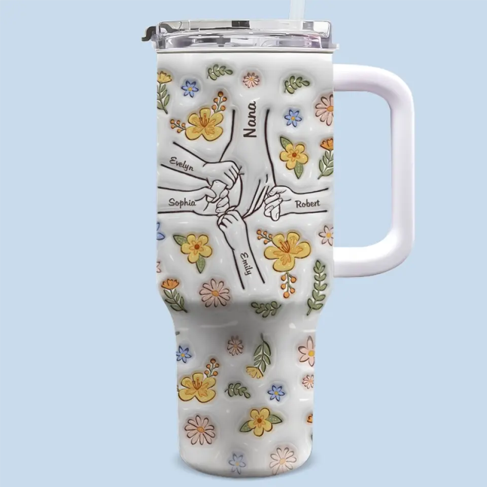 Hand in Hand I Will Always Protect You - Family Personalized 3D Inflated Effect Printed 40 Oz Stainless Steel Tumbler With Handle - Mother's Day, Gift For Mom, Grandma