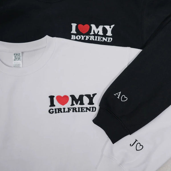 I Love My Boyfriend/Girlfriend Hoodie, Couple Embroidered Hoodie Initials on Sleeve, Couples Gifts Valentine Gift for Him For Her