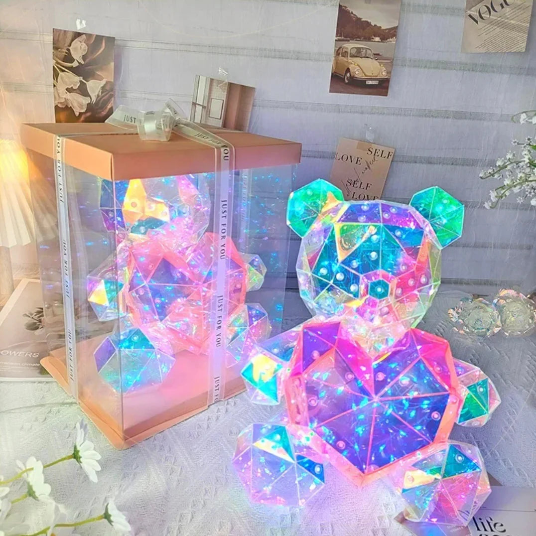 Oso Brillante y Colorido con Caja Transparente Rosa