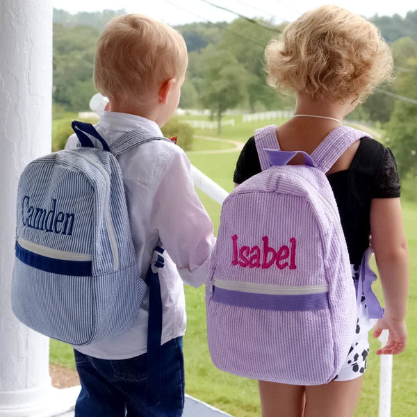 Toddler Back to School Name Embroidered Backpack in Seersucker Colors