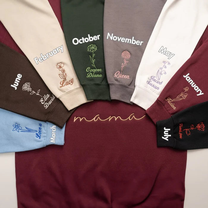 Felpa personalizzata ricamata "Mama" con fiori di nascita di Mama e nomi sulla manica - Regalo per mamma