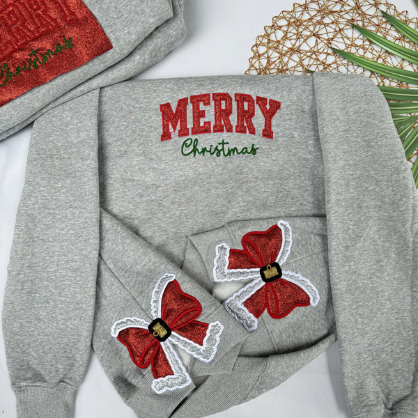 Merry Christmas Glitter Red Side Bow Sweatshirt Embroidered Sweatshirt/Hoodie/Tshirt