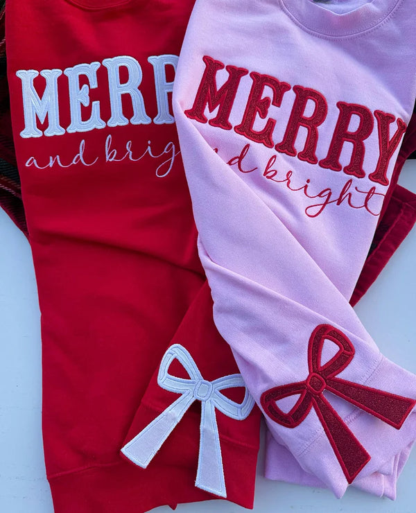 Merry and Bright Embroidered Bow Sweatshirt