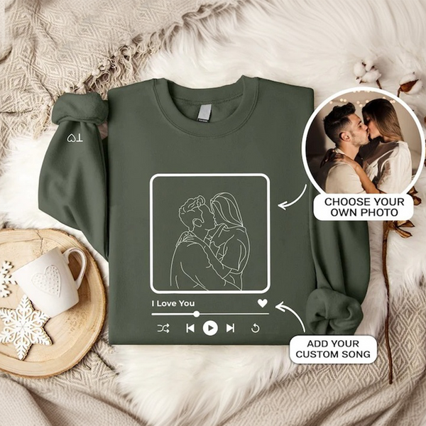 Custom Couple Portrait Outline Photo Sweatshirt with Name on Sleeve