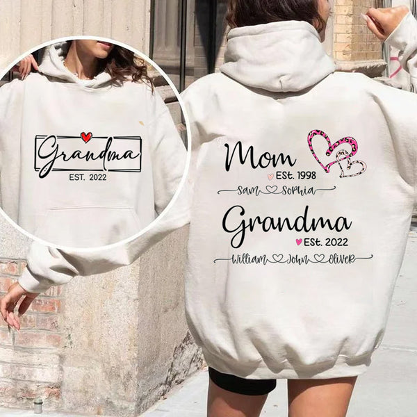 Personalized Mom Est. & Grandma Est. Sweatshirt with Kids' Names on Sleeve- Pink Leopard Heart Design