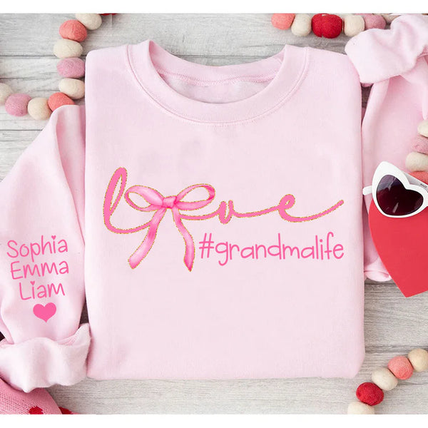 Love Grandma Life Bow Pink Valentine With Kids Sweatshirt