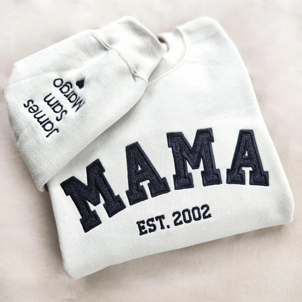 Custom Embroidered Mama Sweatshirt with Kids Names on Sleeve