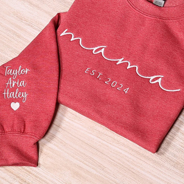 Custom Embroidered Mama Sweatshirt With Kids Names On Sleeve