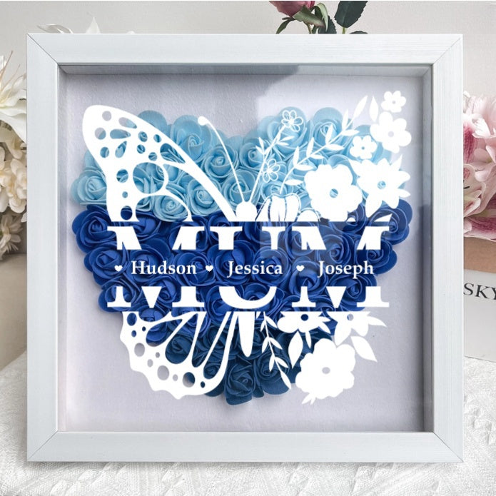 Wo Schmetterlinge Ihre Liebe tragen – Personalisierte Blumen-Schattenbox für Mama mit Familiennamen