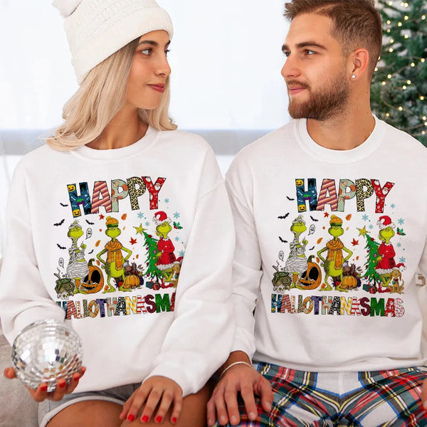 Happy HalloThanksMas Grumbly Green Sweatshirt