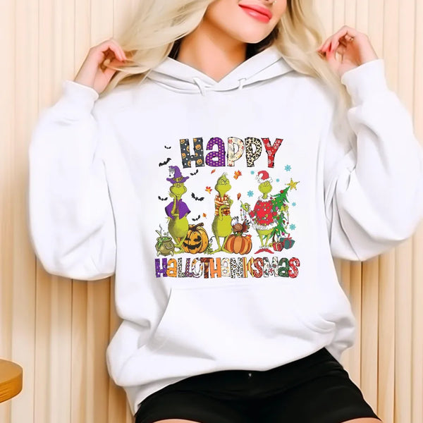 Happy HalloThanksMas Grumbly Green Sweatshirt