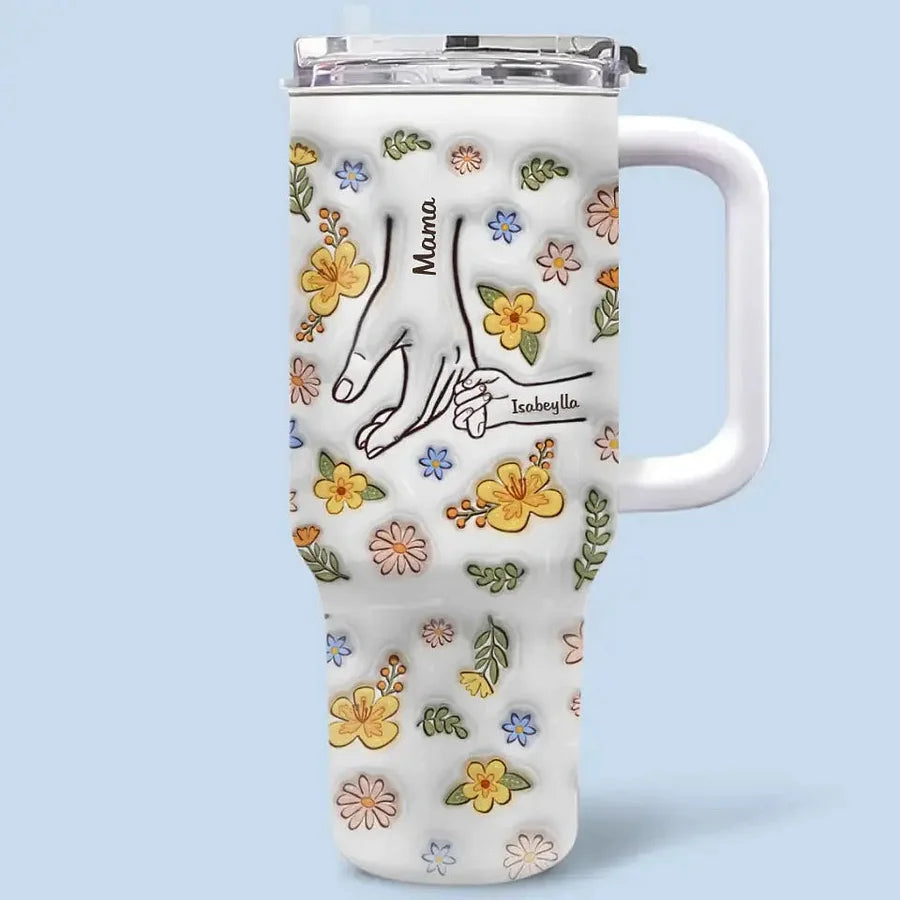 Hand in Hand I Will Always Protect You - Family Personalized 3D Inflated Effect Printed 40 Oz Stainless Steel Tumbler With Handle - Mother's Day, Gift For Mom, Grandma