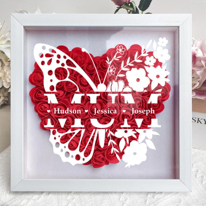 Wo Schmetterlinge Ihre Liebe tragen – Personalisierte Blumen-Schattenbox für Mama mit Familiennamen
