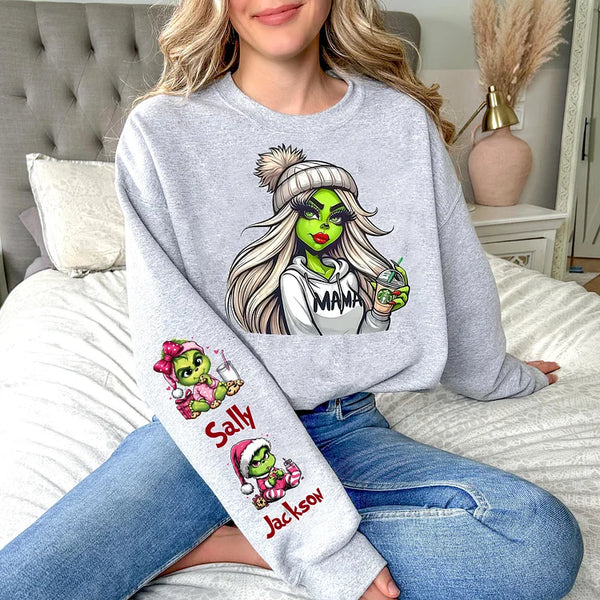 Custom Christmas MAMA Sweatshirt Gift with Kid's Names on the Sleeve