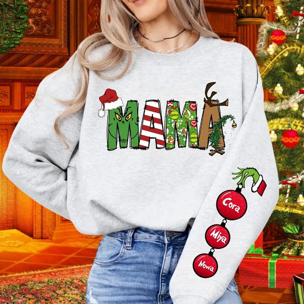 Custom Family Christmas Sweatshirt With Kids Names On Sleeve