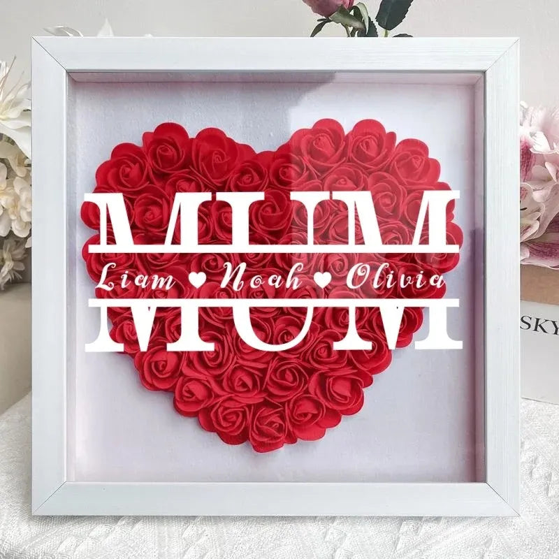 Scatola Ombra a Forma di Cuore con Fiori Personalizzati per la Mamma, Scatola Ombra con Rose e Nomi - Regalo per Mamma e Nonna