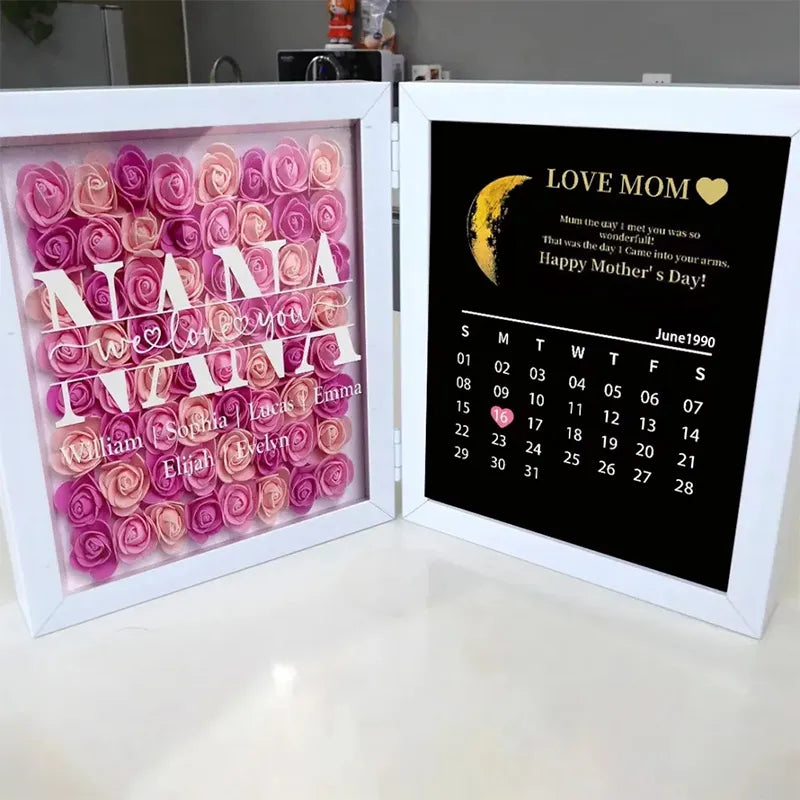 NANA Mama, wir lieben dich mit echter Mondphase, Jubiläumskalender – personalisierte Blumen-Schattenbox 