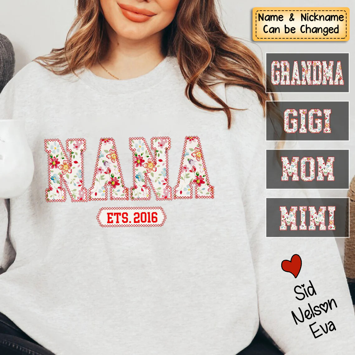 Sweat-shirt personnalisé avec nom d'enfant sur la manche, modèle Flower Nana Mom Est Year