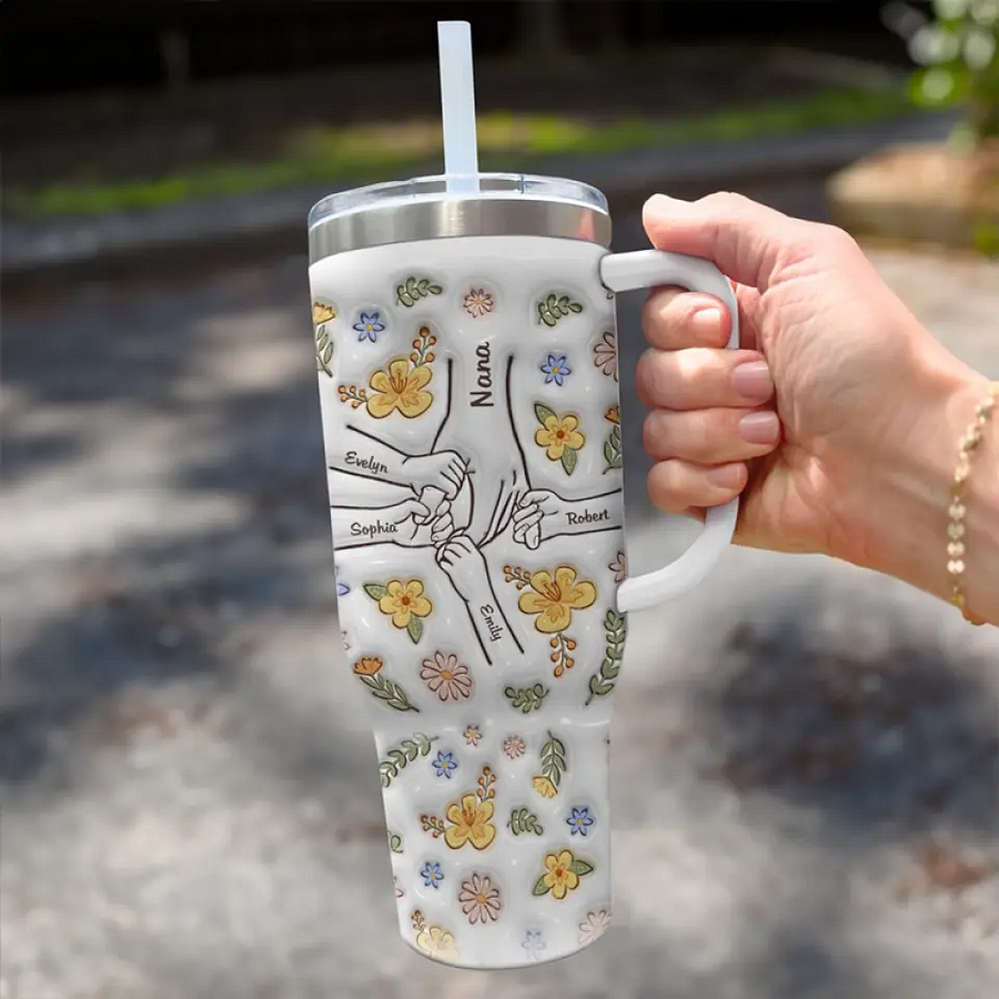 Hand in Hand I Will Always Protect You - Family Personalized 3D Inflated Effect Printed 40 Oz Stainless Steel Tumbler With Handle - Mother's Day, Gift For Mom, Grandma
