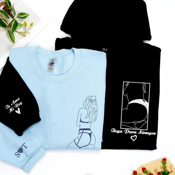 Custom Embroidered Spicy Sweatshirt Portrait from Photo | Matching Couple Hoodies | Anniversary Gift for Husband & Boyfriend