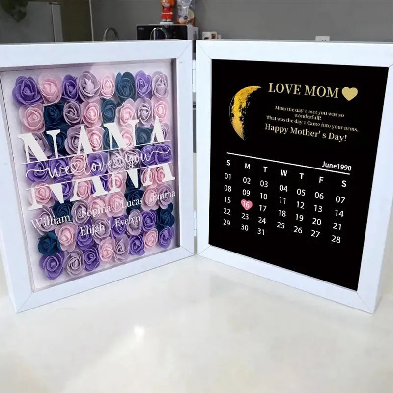 NANA Mama, wir lieben dich mit echter Mondphase, Jubiläumskalender – personalisierte Blumen-Schattenbox 