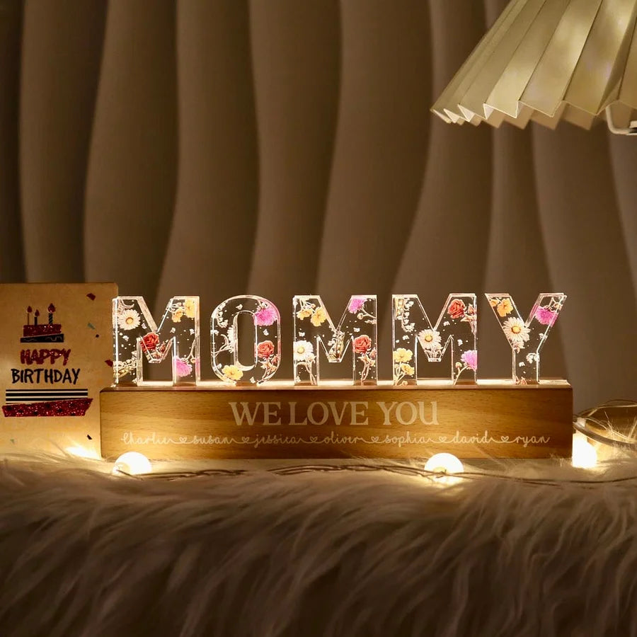 Lampe de nuit LED personnalisée avec fleur du mois de naissance - Cadeau pour maman