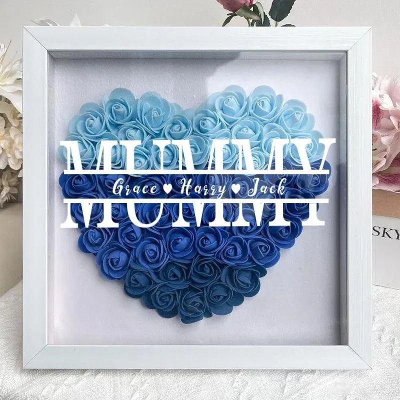 Scatola Ombra a Forma di Cuore con Fiori Personalizzati per la Mamma, Scatola Ombra con Rose e Nomi - Regalo per Mamma e Nonna