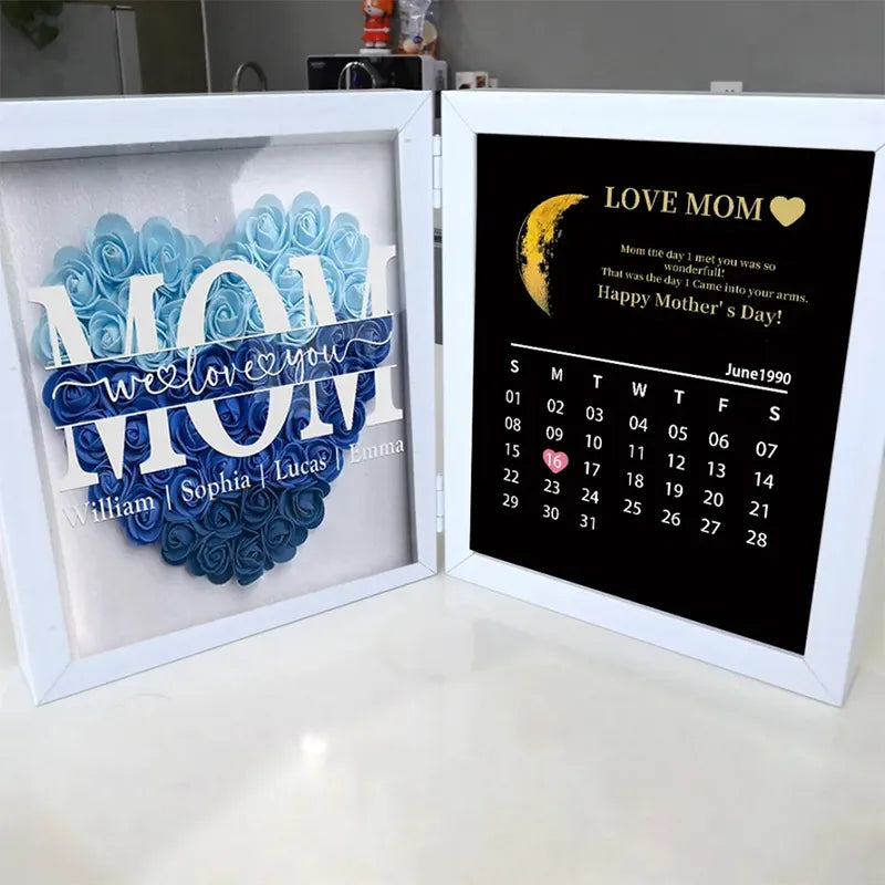 Maman, nous t'aimons avec le calendrier d'anniversaire des PHASES DE LUNE RÉELLES - Boîte à ombre personnalisée avec fleurs
