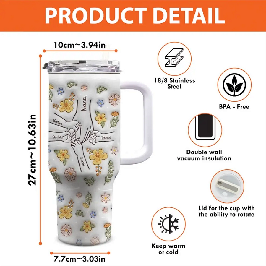Hand in Hand I Will Always Protect You - Family Personalized 3D Inflated Effect Printed 40 Oz Stainless Steel Tumbler With Handle - Mother's Day, Gift For Mom, Grandma