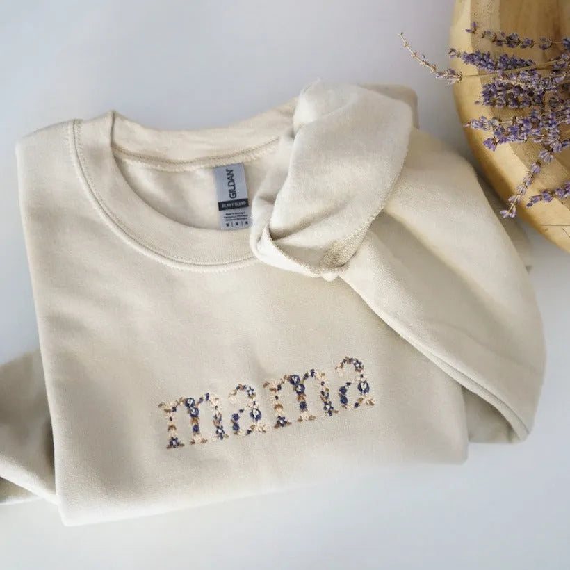 Weihnachts-Sweatshirt mit Blumen-Mama-Stickerei