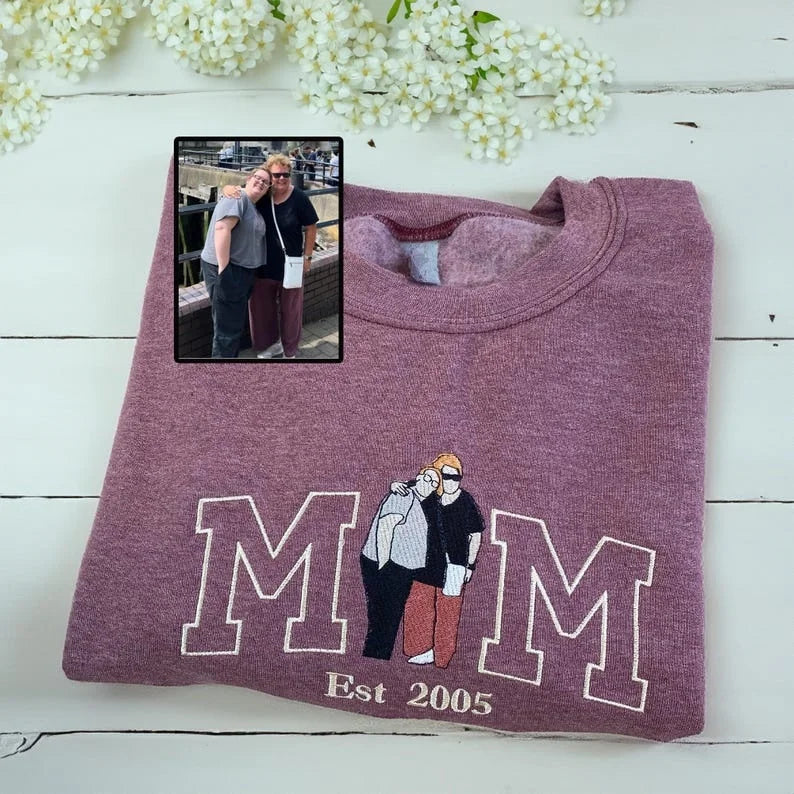 Sweatshirt à portrait photo brodé personnalisé - Sweatshirt personnalisé pour maman - Cadeau pour maman