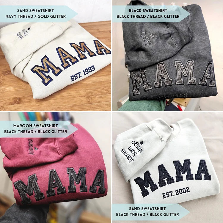 Sweat-shirt Mama brodé personnalisé avec les noms des enfants sur la manche