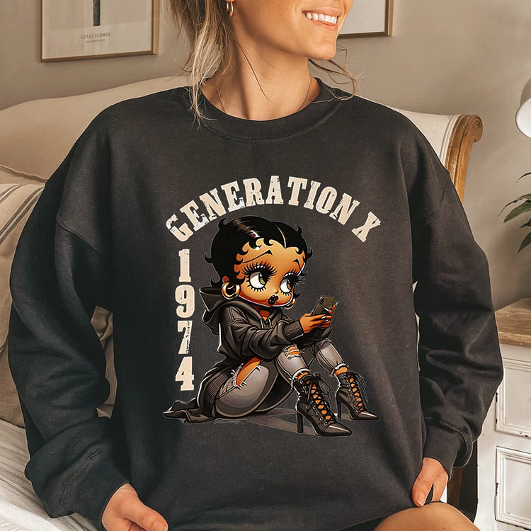 Betty Boop con sudadera con capucha marrón, camiseta Generation X, sudadera