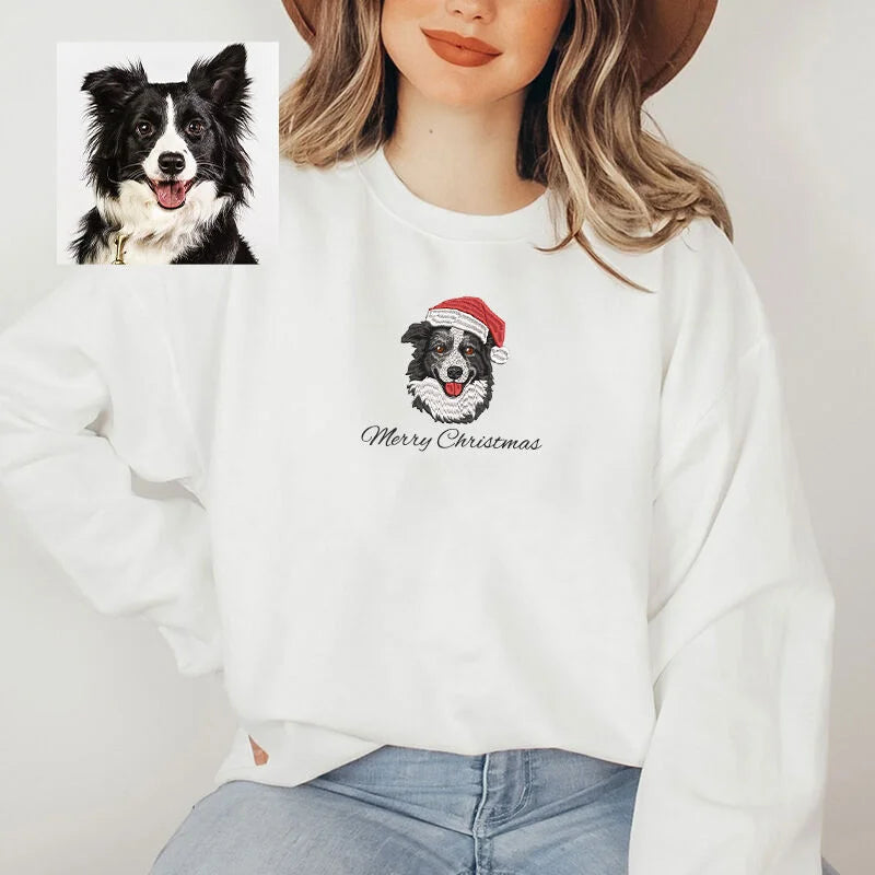 Felpa con Cappuccio Personalizzata – Testa di Animale Domestico Ricamata con Cappello di Natale – Disponibile nelle Taglie per Bambini e Adulti, Regalo Perfetto per Amanti degli Animali