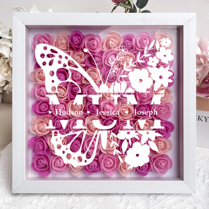 Là où les papillons portent votre amour - Boîte d'ombre florale personnalisée pour maman avec les noms de famille