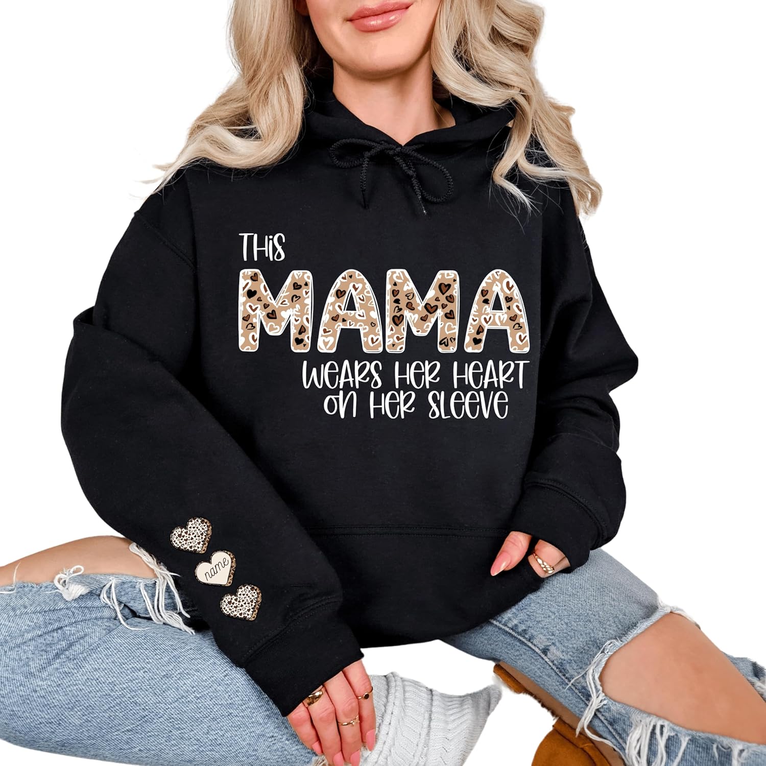 Esta Mamá Lleva Su Corazón en la Manga - Sudadera Personalizada para Mamá - Regalo para Mamá y Abuela