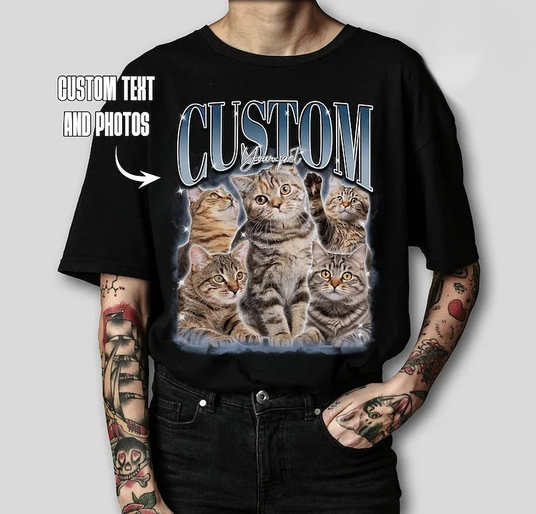 T-shirt Vintage Photo Personnalisé - Impression Personnalisée Vintage Hip Hop Sweatshirt Vintage pour Animaux - Cadeau pour Amoureux des Animaux