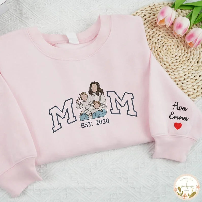 Sweatshirt à portrait photo brodé personnalisé - Sweatshirt personnalisé pour maman - Cadeau pour maman