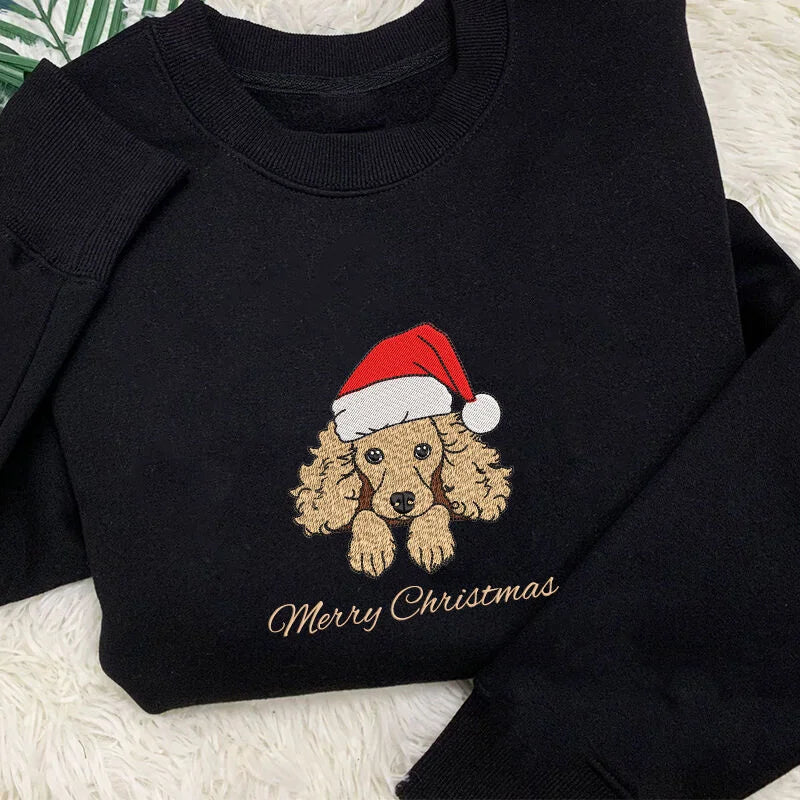 Felpa con Cappuccio Personalizzata – Testa di Animale Domestico Ricamata con Cappello di Natale – Disponibile nelle Taglie per Bambini e Adulti, Regalo Perfetto per Amanti degli Animali