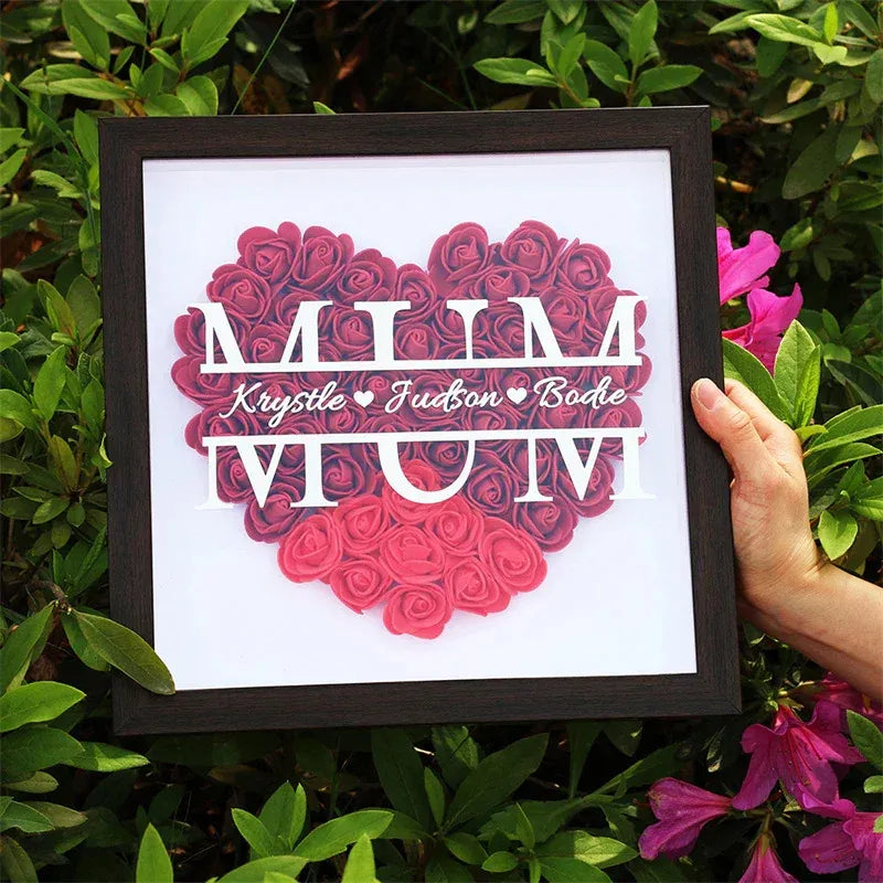 Scatola Ombra a Forma di Cuore con Fiori Personalizzati per la Mamma, Scatola Ombra con Rose e Nomi - Regalo per Mamma e Nonna