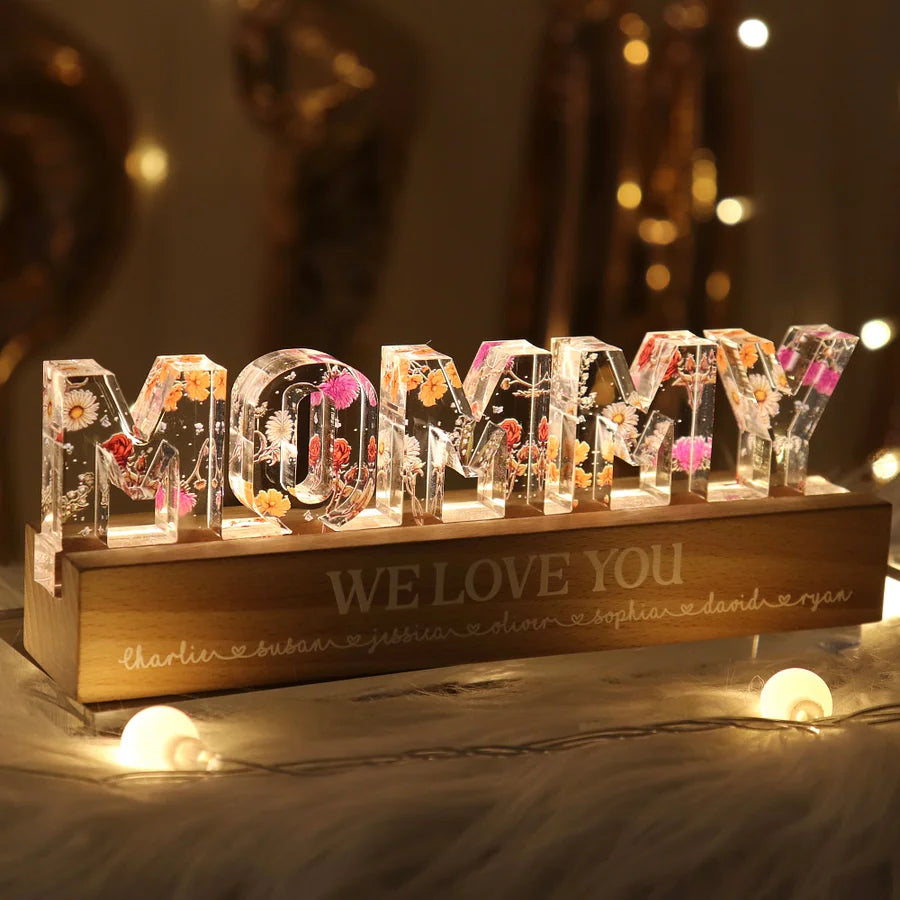 Lampe de nuit LED personnalisée avec fleur du mois de naissance - Cadeau pour maman
