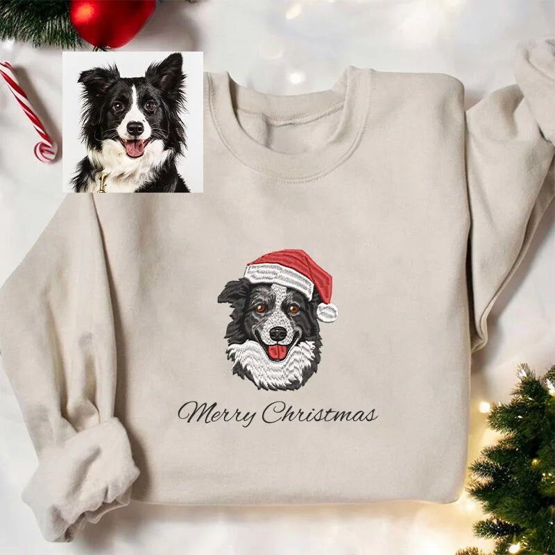 Felpa con Cappuccio Personalizzata – Testa di Animale Domestico Ricamata con Cappello di Natale – Disponibile nelle Taglie per Bambini e Adulti, Regalo Perfetto per Amanti degli Animali