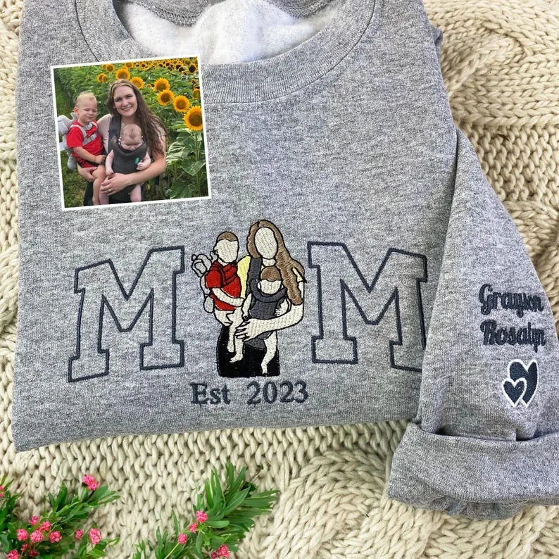 Sweatshirt à portrait photo brodé personnalisé - Sweatshirt personnalisé pour maman - Cadeau pour maman