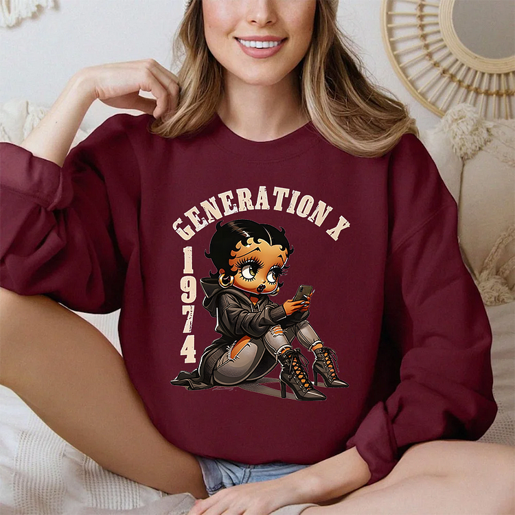 Betty Boop con sudadera con capucha marrón, camiseta Generation X, sudadera