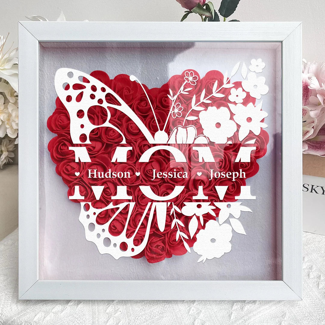 Là où les papillons portent votre amour - Boîte d'ombre florale personnalisée pour maman avec les noms de famille