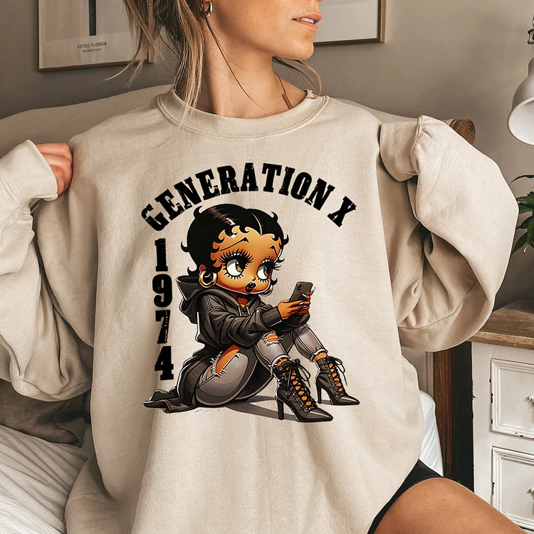 Betty Boop con sudadera con capucha marrón, camiseta Generation X, sudadera
