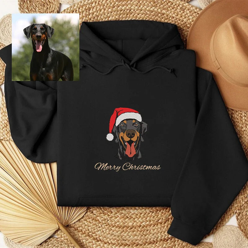 Felpa con Cappuccio Personalizzata – Testa di Animale Domestico Ricamata con Cappello di Natale – Disponibile nelle Taglie per Bambini e Adulti, Regalo Perfetto per Amanti degli Animali
