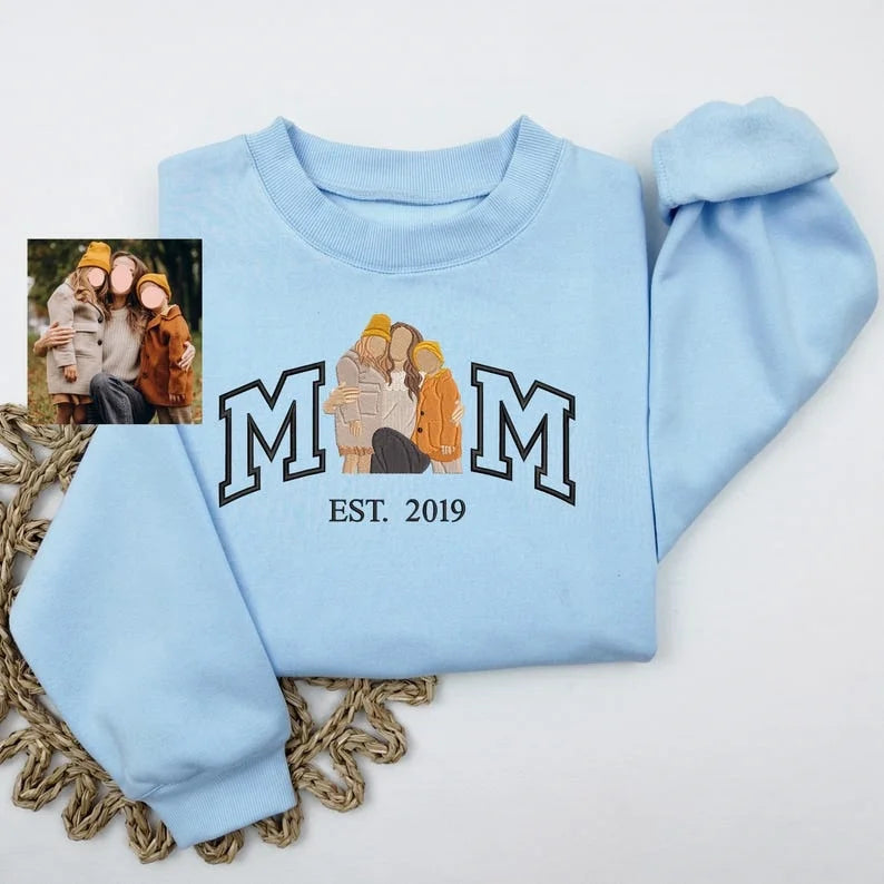 Sweatshirt à portrait photo brodé personnalisé - Sweatshirt personnalisé pour maman - Cadeau pour maman